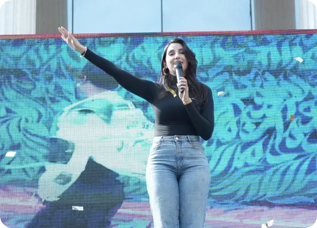 Guest speaker Nora Fatehi at a K.R. Mangalam University student event