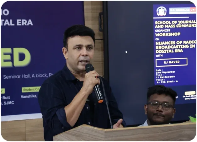 Guest speaker RJ Naved at a K.R. Mangalam University student event