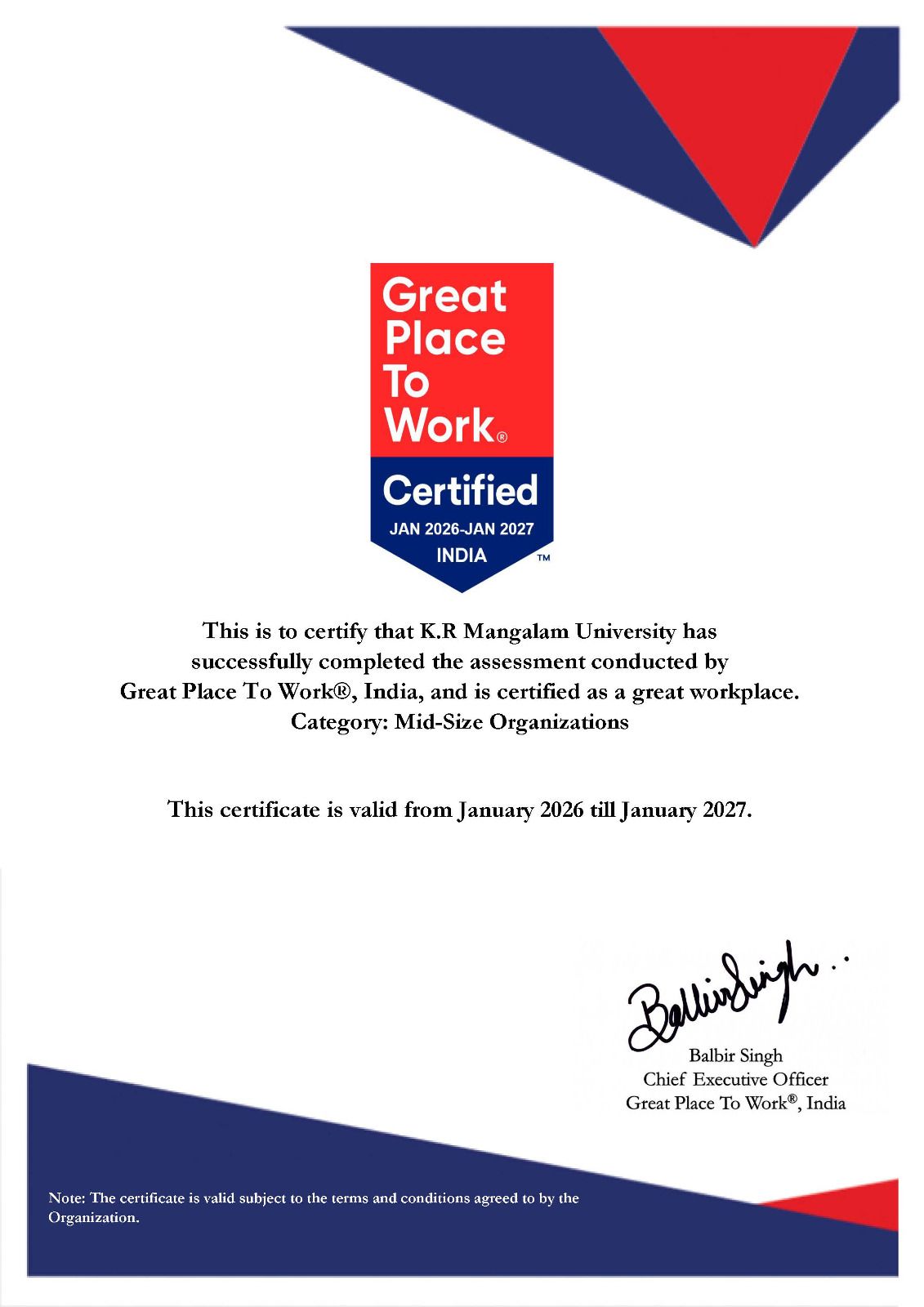 K.R. Mangalam University is proud to be  Great Place to Work® Certified.