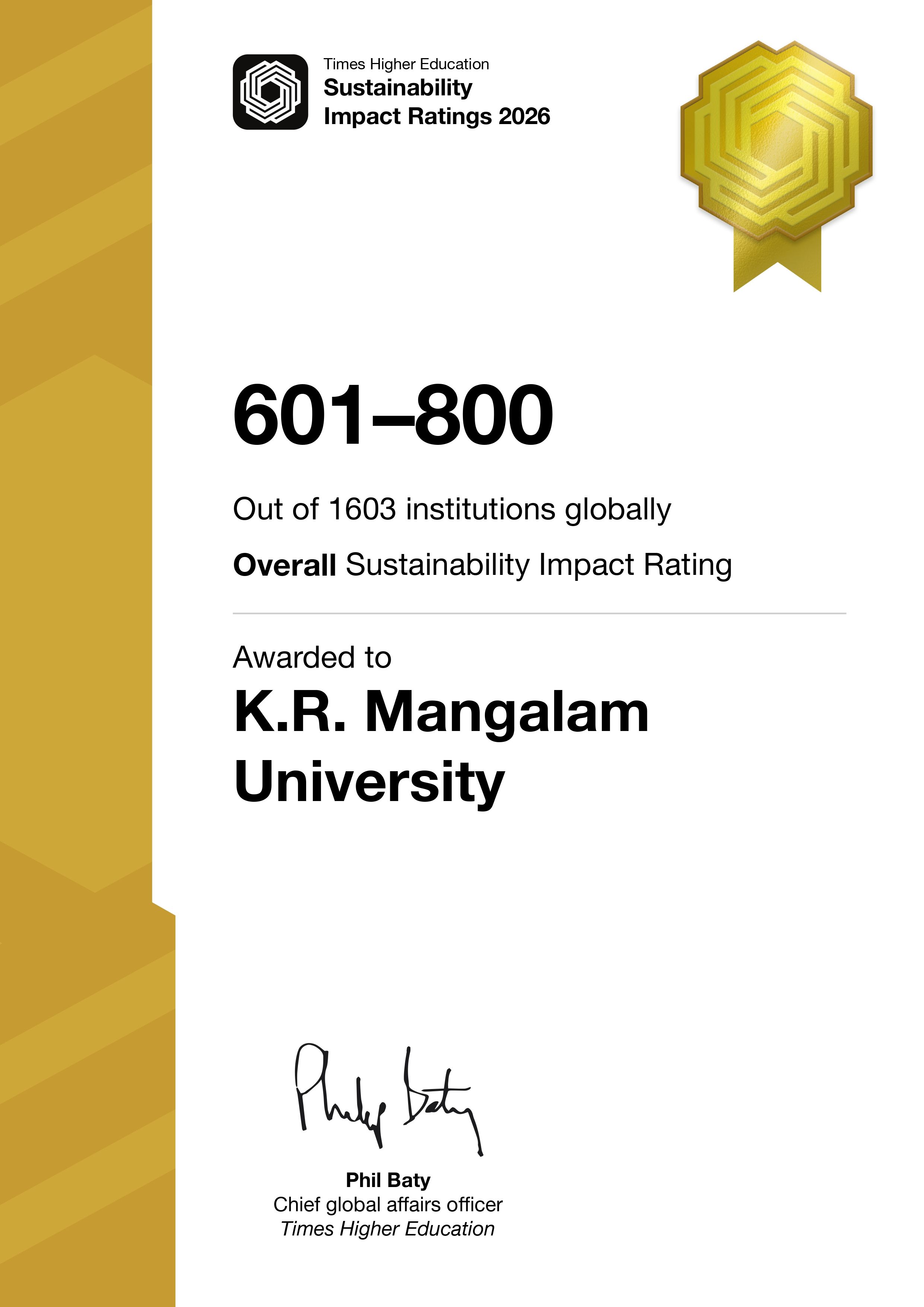 K.R. Mangalam University has been recognised as an “Institution of Accelerated Sustainability Impact”
